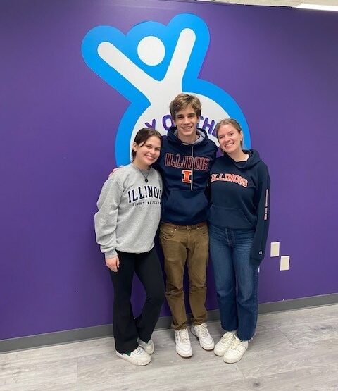 CCIL-SO outreach assistants Nina Soofi, Kevin Meier, and Brigitte Joyce pictured here at the Y on the Fly afterschool venue in Champaign, IL.