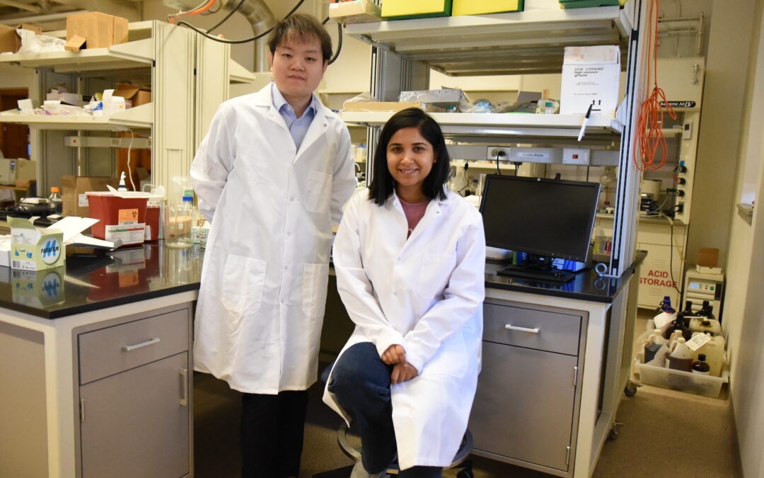 Hua Wang and Rimsha Bhatta in lab where they developed a promising new cancer vaccine